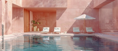 Modern Minimalist Poolside Patio With Pink Walls and White Loungers
