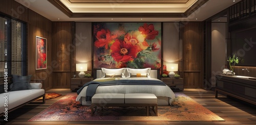 Modern Bedroom Interior Design With Floral Wall Art and Wooden Accents