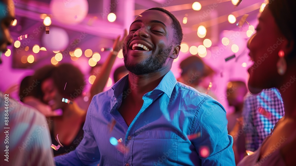 A man in a blue shirt is dancing at a party. He is smiling and the background is a pastel pink color. A man in a blue shirt is dancing at a party. He is smiling and the background is a pastel pink color.