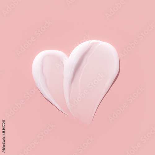 Sunscreen heart shape swatch, moisturizing cream smudged on pink surface, beauty product background, abstract cosmetic concept 3d rendering.