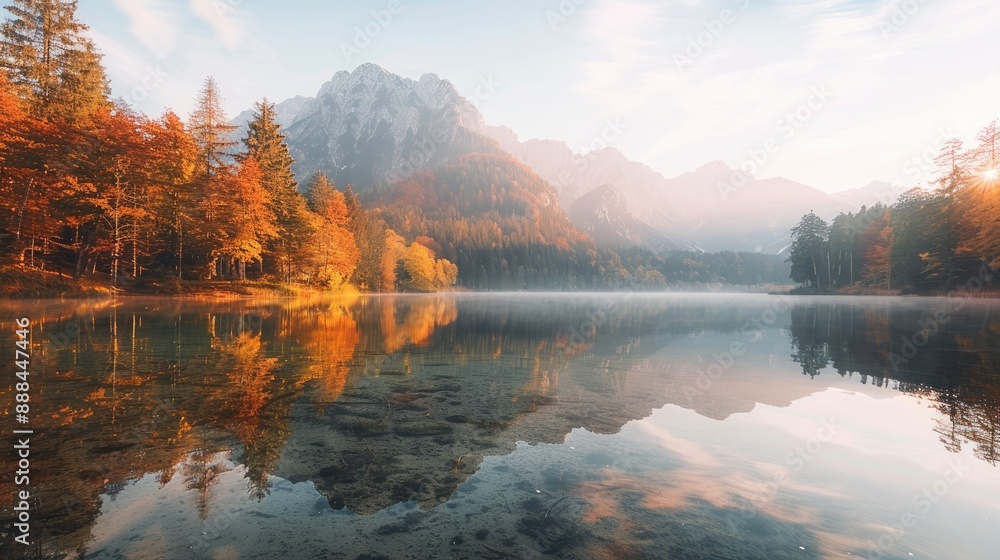Fototapeta premium Autumnal Serenity: A Mountain Lake at Sunrise
