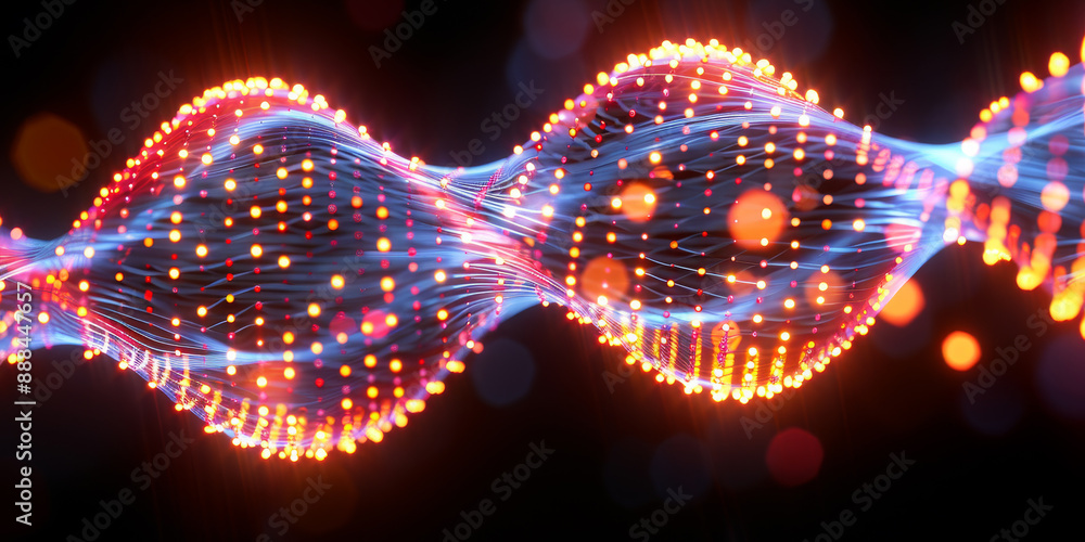 Obraz premium Abstract blue wavy particle design on dark background, concept of digital technology. 