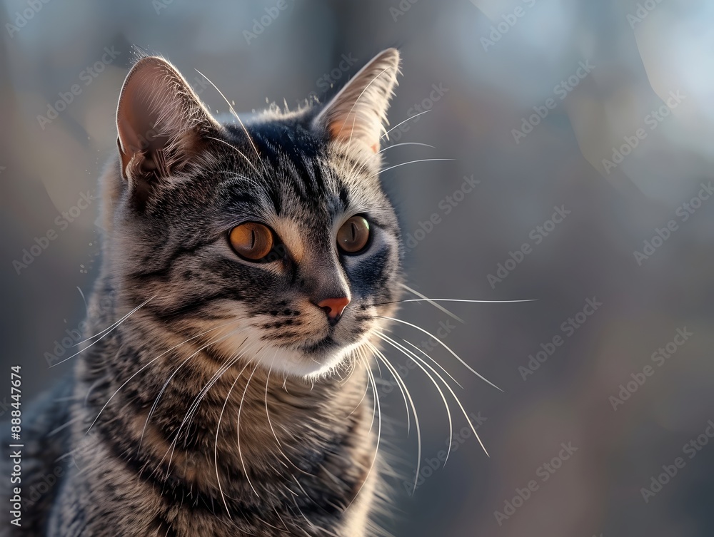 Tabby cat with vivid orange eyes, detailed fur patterns, and long whiskers, captured in soft natural light against a blurred background, highlighting the cat's serene expression. Tabby cat with vivid orange eyes, detailed fur patterns, and long whiskers, captured in soft natural light against a blurred background, highlighting the cat's serene expression.