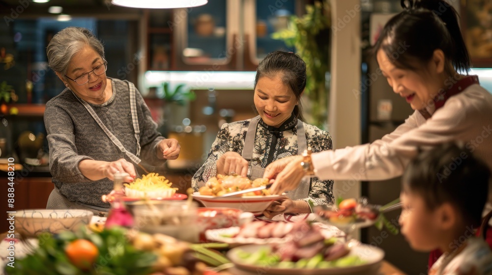 A family gathering around a table, preparing traditional Chinese New Year dishes A family gathering around a table, preparing traditional Chinese New Year dishes
