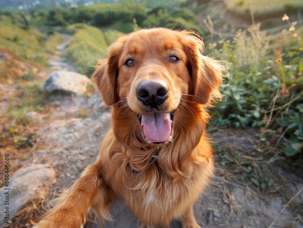Golden Retriever dog with tongue out and paw up, posing outdoors on a trail Golden Retriever dog with tongue out and paw up, posing outdoors on a trail