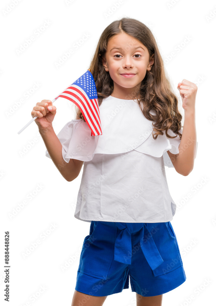 Φωτογραφία Brunette hispanic girl holding flag of United States of America screaming proud
