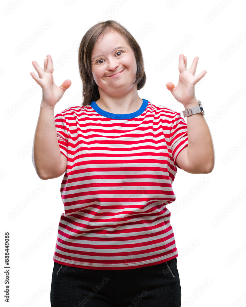 Young adult woman with down syndrome over isolated background smiling crossing fingers with hope and eyes closed. Luck and superstitious concept. Young adult woman with down syndrome over isolated background smiling crossing fingers with hope and eyes closed. Luck and superstitious concept.