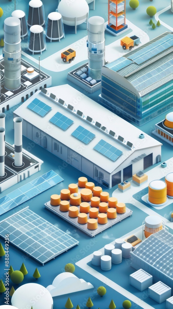 Isometric solar energy and oil refinery factory complex with storage tanks Isometric solar energy and oil refinery factory complex with storage tanks