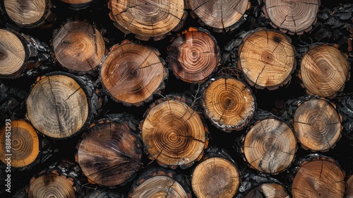 The stacking of pine and deciduous tree logs Battling deforestation bark beetles and firewood collection