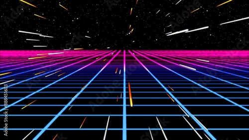 Retro-futuristic 3d grid with shooting stars