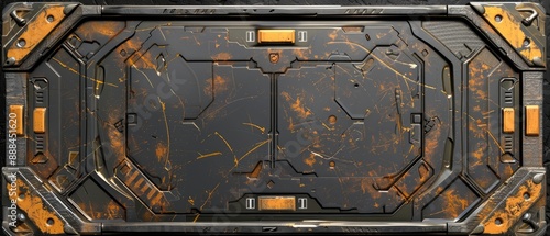 Fototapeta Naklejka Na Ścianę i Meble -  Futuristic grunge metal spaceship door with yellow scratches