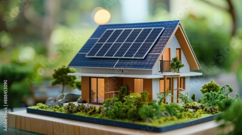 A smart home display showing a model house with a solar panel.