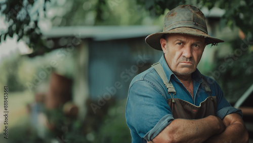 Angry white male farmer with folded arms, copy space  © Worker