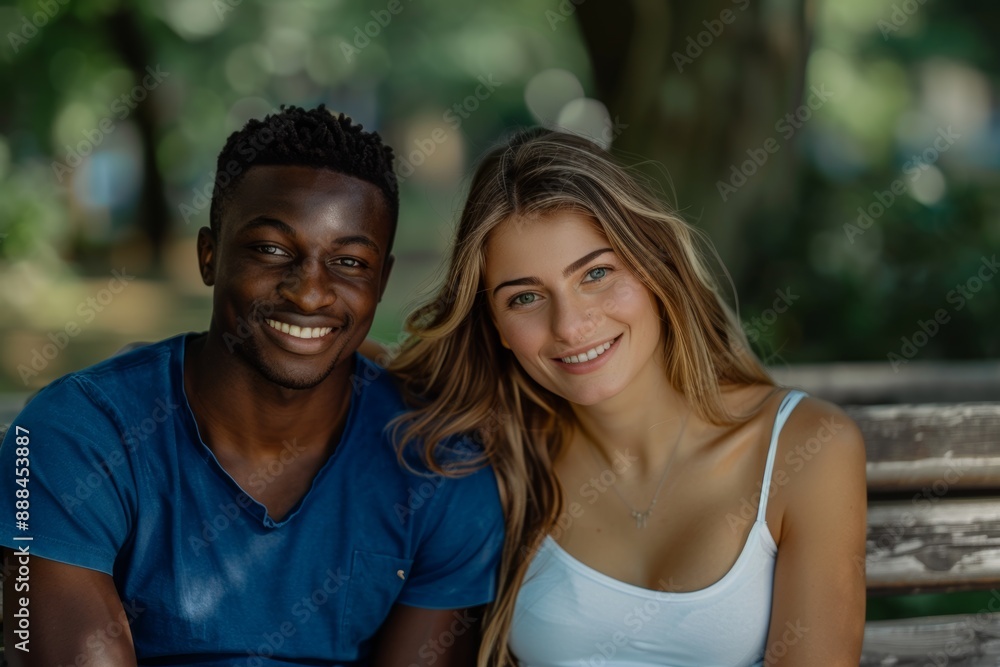 Happy interracial couple on a bench in the park Happy interracial couple on a bench in the park