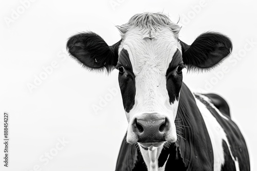 Black and white close-up portrait of a cow on white background.