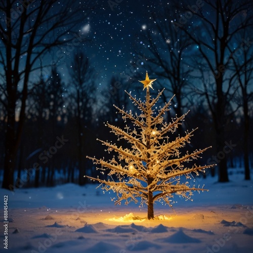 A Christmas tree woven from luminous cobwebs and topped with a Christmas star made of luminous cobwebs © Andrey