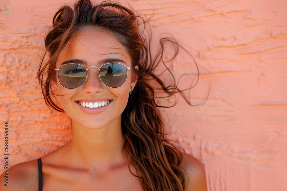 A Sun-Kissed Smile Against a Peach-Colored Wall A Sun-Kissed Smile Against a Peach-Colored Wall