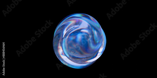 Photography 3d crystal glass sphere with refraction and holographic effect isolated on black background