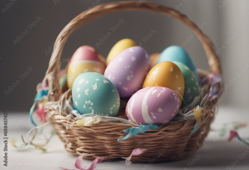 Colorful easter eggs in a basket isolated on a grey table Colorful easter eggs in a basket isolated on a grey table