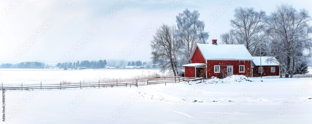 Naklejka premium Red Barn in a Snowy Winter Landscape