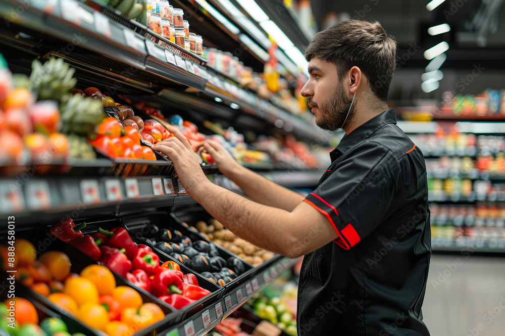 A man is shopping for fruits and vegetables in a grocery store A man is shopping for fruits and vegetables in a grocery store