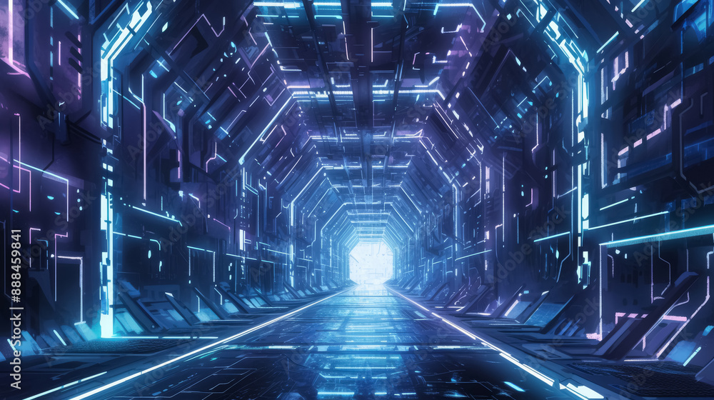 Fototapeta premium Glowing blue neon tunnel with perspective and vanishing point