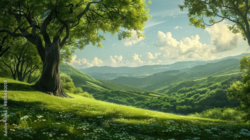 Fototapeta premium Idyllic summer landscape of green rolling hills, lush forest, and blue sky with fluffy clouds. Concept of nature, tranquility, and peace.