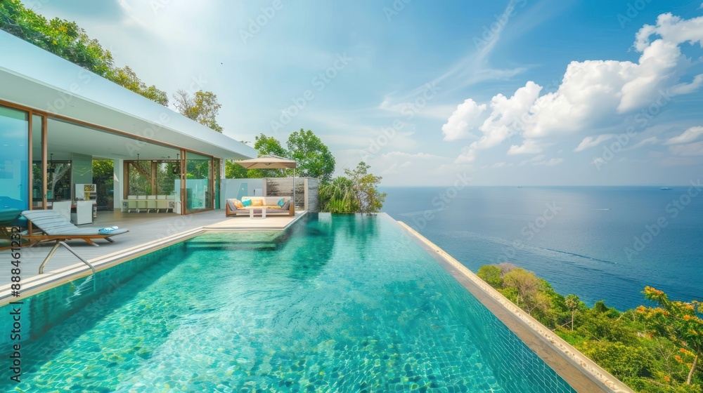 Fototapeta premium Luxury infinity pool villa overlooking the ocean with breathtaking view. Concept of luxury travel, vacation rental, and exotic getaway.