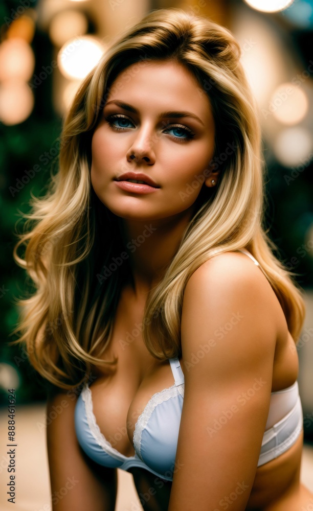 A portrait of a woman with blonde hair, wearing a white bra and looking directly at the camera. A portrait of a woman with blonde hair, wearing a white bra and looking directly at the camera.