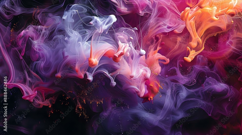 Obraz premium Dynamic fusion of purple, pink, and orange ink swirling