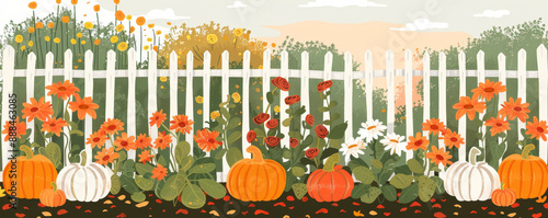 Colorful autumn garden featuring pumpkins and vibrant flowers against a white picket fence, capturing the essence of fall.