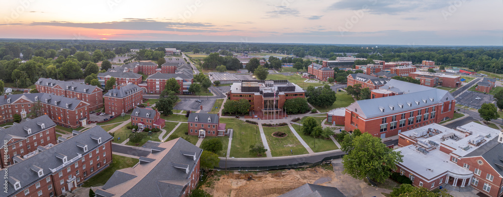 Aerial view of Virginia State University, historically black college with sunset sky in Petersburg Virginia