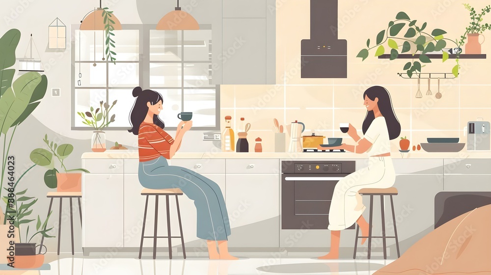Women couple and lesbian in kitchen with coffee Women couple and lesbian in kitchen with coffee
