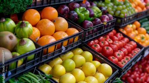 Shelves with oranges, lemons, tomatoes, and other vegetables and fruits in a supermarket.