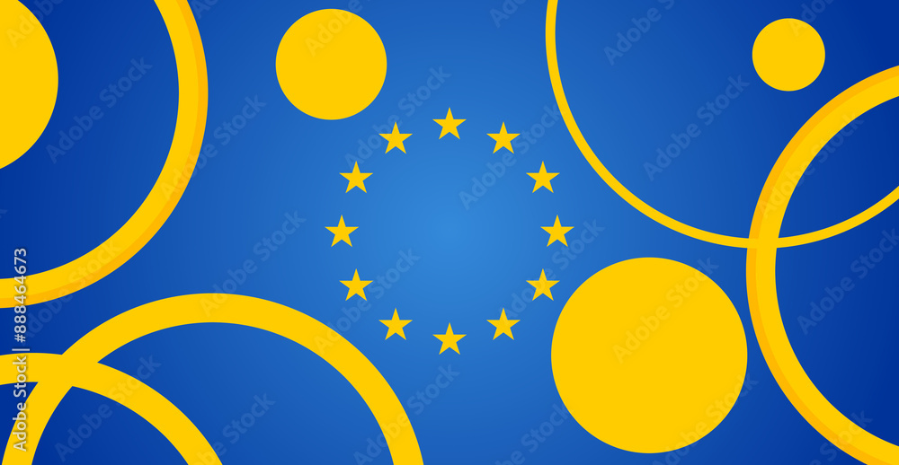 Naklejka premium creative abstract background as the colors of the flag of the European Union, EU, blue and yellow, rings and circles, geometric shapes of diversity and creativity of cohesion and union