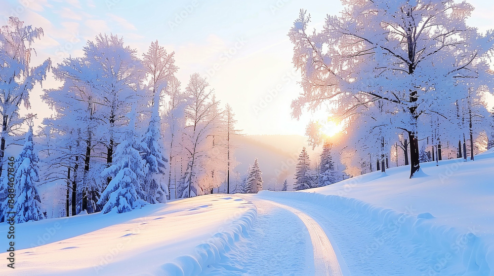 Scenic Snow Covered Pathway in Serene Winter Forest Landscape Scenic Snow Covered Pathway in Serene Winter Forest Landscape