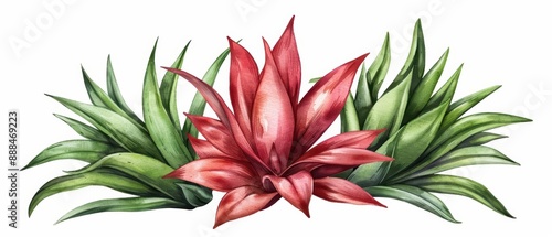 Bromeliad illustrated with striking watercolor colors isolate on white background