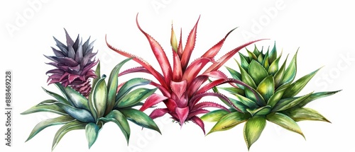 Bromeliad illustrated with striking watercolor colors isolate on white background