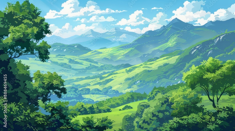 Obraz premium Illustrated landscape with green hills, mountains, and trees under a blue sky with clouds