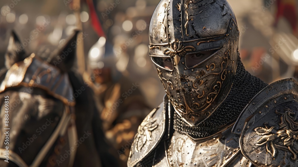 Fototapeta premium close-up of a medieval warrior in shining armor, riding a horse, representing honor and valor