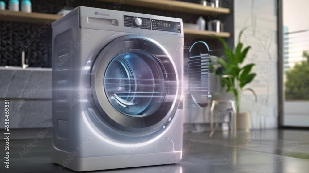 A modern washing machine with a blue digital display sits in a bathroom. The machine is white and sleek, with a stainless steel drum. The display shows a variety of settings and options. A modern washing machine with a blue digital display sits in a bathroom. The machine is white and sleek, with a stainless steel drum. The display shows a variety of settings and options.