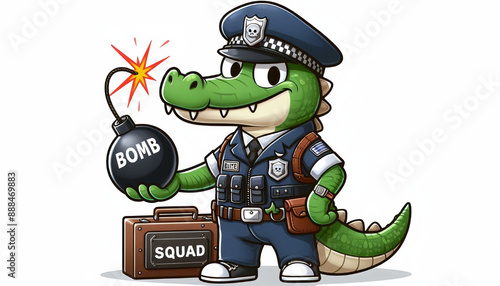 A cartoon-style crocodile police officer in a bomb squad suit photo