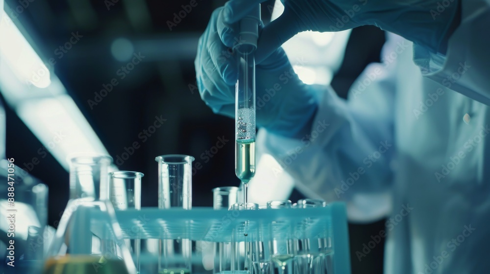 Protected scientist dropping a liquid in a test tube Protected scientist dropping a liquid in a test tube