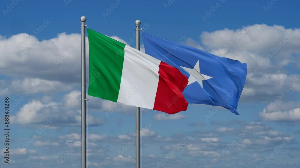 Somalia and Italy flags flying together, video concept of the relationship, two country cooperation concept Somalia and Italy flags flying together, video concept of the relationship, two country cooperation concept