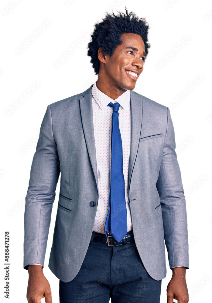 Handsome african american man with afro hair wearing business jacket looking away to side with smile on face, natural expression. laughing confident. Handsome african american man with afro hair wearing business jacket looking away to side with smile on face, natural expression. laughing confident.