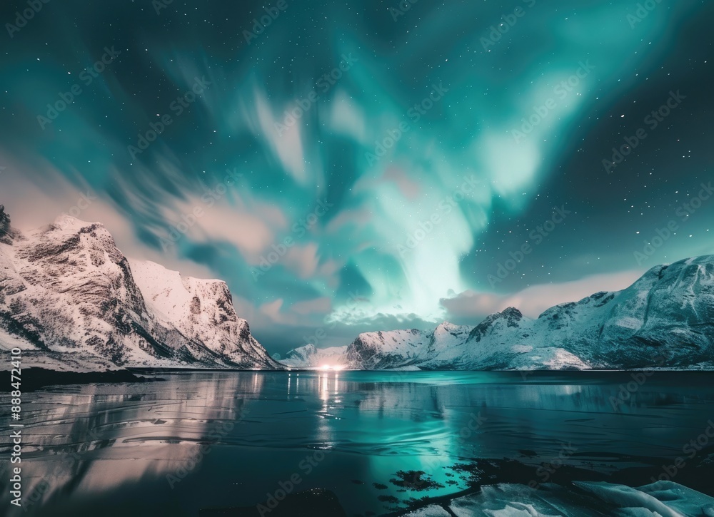 Naklejka premium Northern Lights Reflecting on a Tranquil Lake