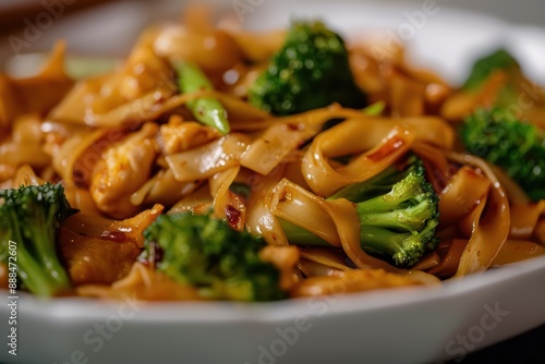 Pad See Ew noodles midtoss, with broad rice noodles, broccoli, and a savory soy sauce creating a lively and colorful burst