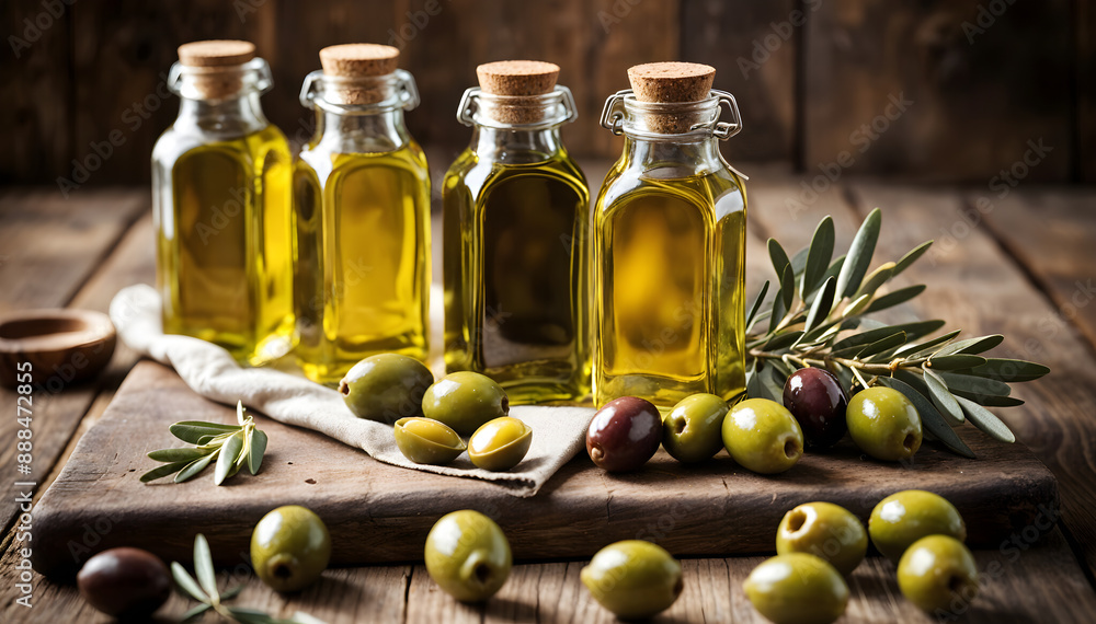 Olive oil in bottles on a wooden table, olives Olive oil in bottles on a wooden table, olives