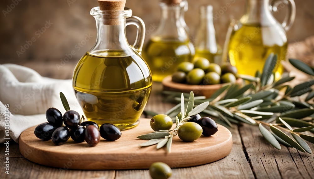 Olive oil in bottles on a wooden table, olives Olive oil in bottles on a wooden table, olives