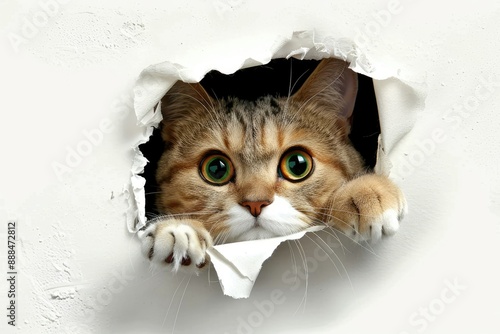 Portrait of cute cat face peeking through a hole in a white paper wall background with copy space, banner.